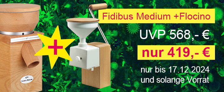 Elektrische Getreidemühle KoMo Fidibus Medium und KoMo Handflocker Flocino